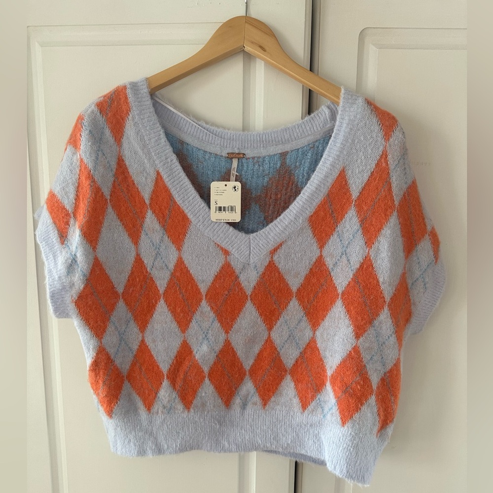 NWT Free People Short Sleeved Argyle Sweater, S